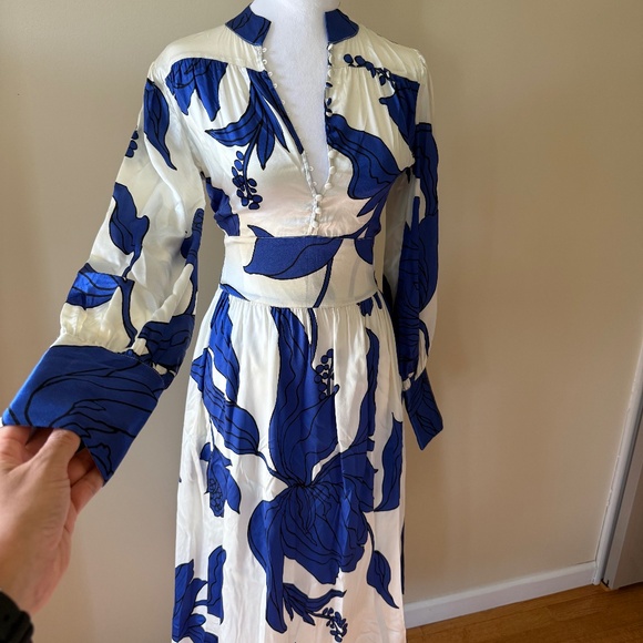 Dea Kudibal Alondradea Blue White Black Silk Satin Women's Fitted Midi Dress - Picture 6 of 17